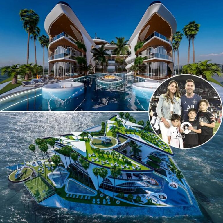Inside Messi’s $50 million M-shaped mansion concept are three helipads and two soccer fields, surrounded by infinity pools.